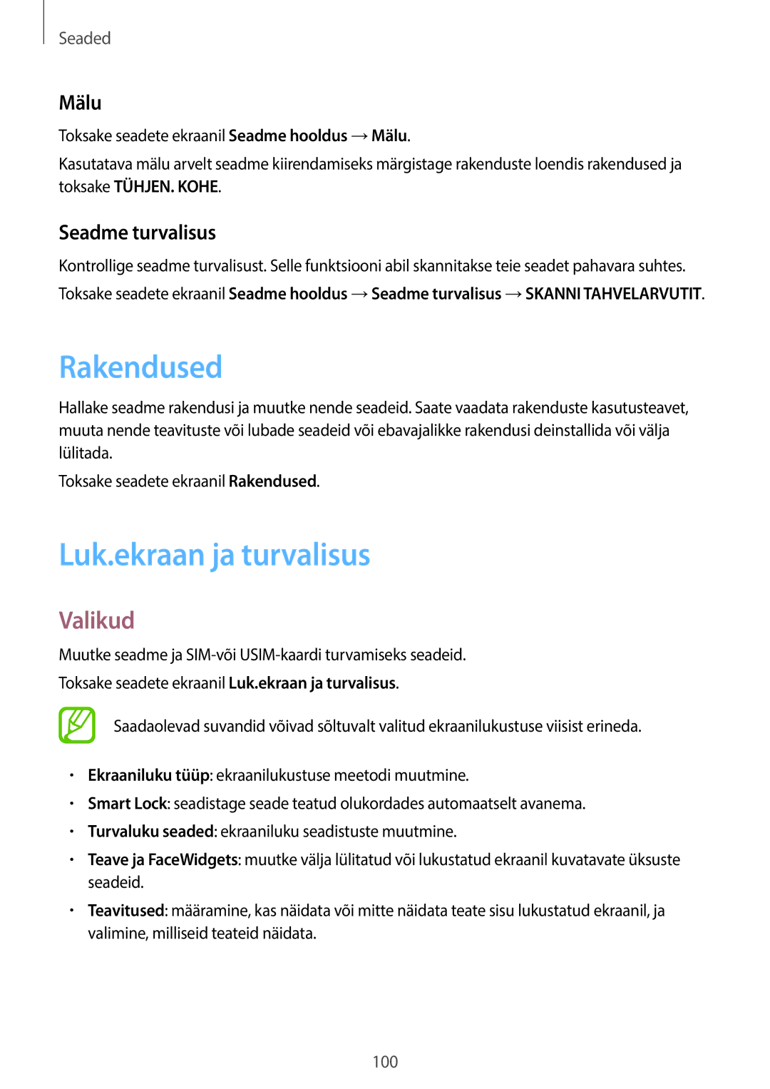 Samsung SM-T555NZKASEB, SM-T555NZWASEB manual Rakendused, Luk.ekraan ja turvalisus, Mälu, Seadme turvalisus 