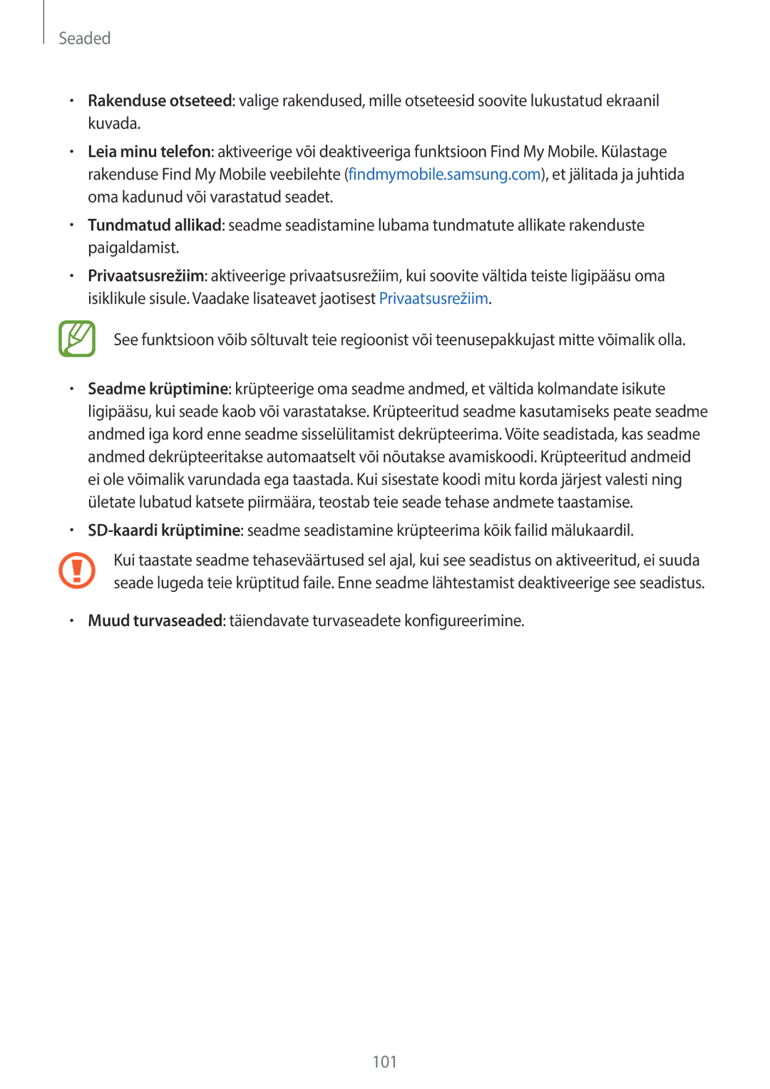 Samsung SM-T555NZWASEB, SM-T555NZKASEB manual Muud turvaseaded täiendavate turvaseadete konfigureerimine 