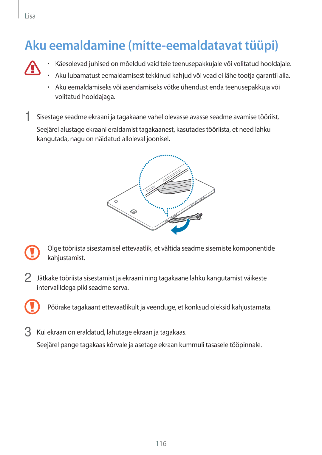 Samsung SM-T555NZKASEB, SM-T555NZWASEB manual Aku eemaldamine mitte-eemaldatavat tüüpi 