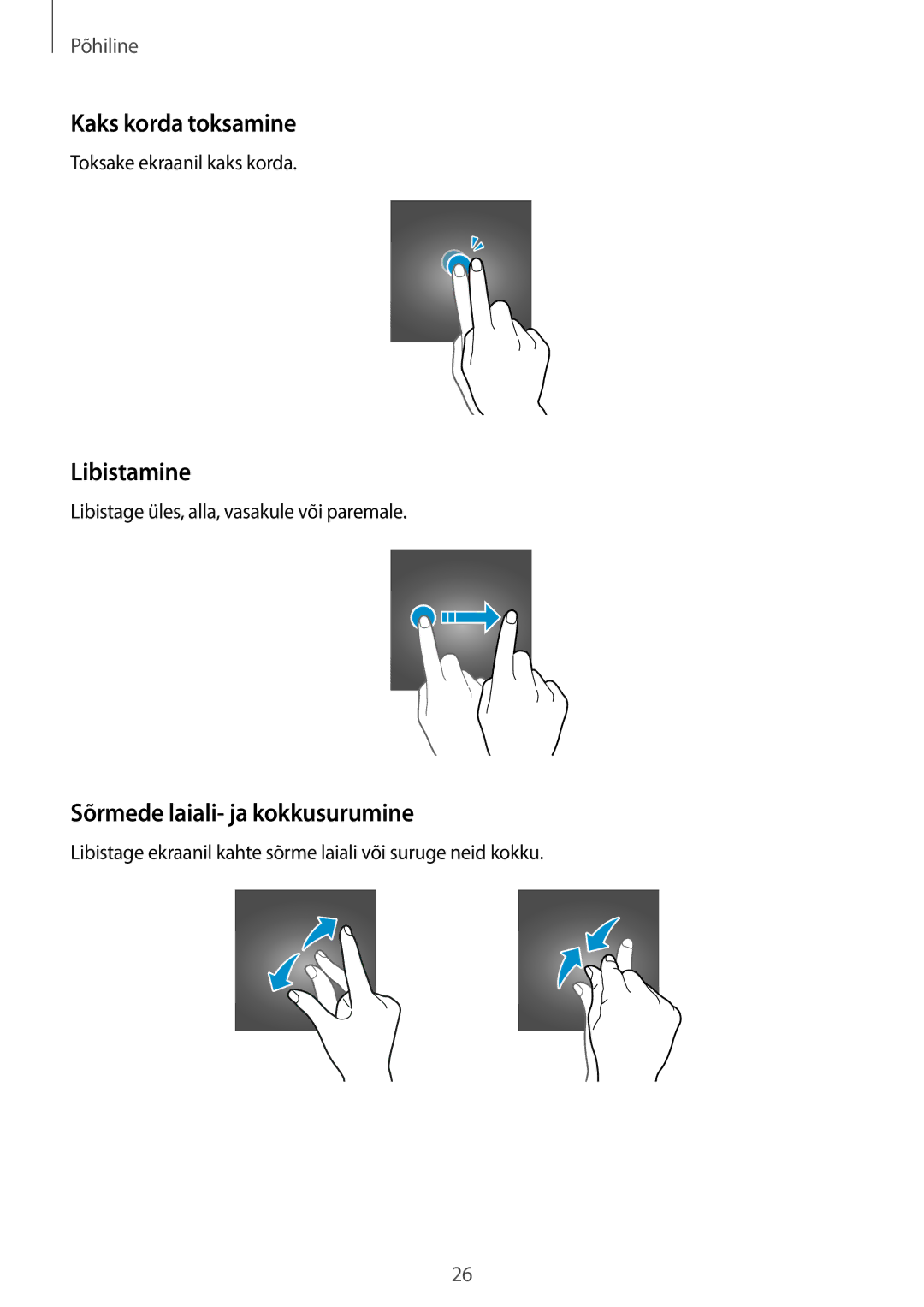 Samsung SM-T555NZKASEB, SM-T555NZWASEB manual Kaks korda toksamine, Libistamine, Sõrmede laiali- ja kokkusurumine 