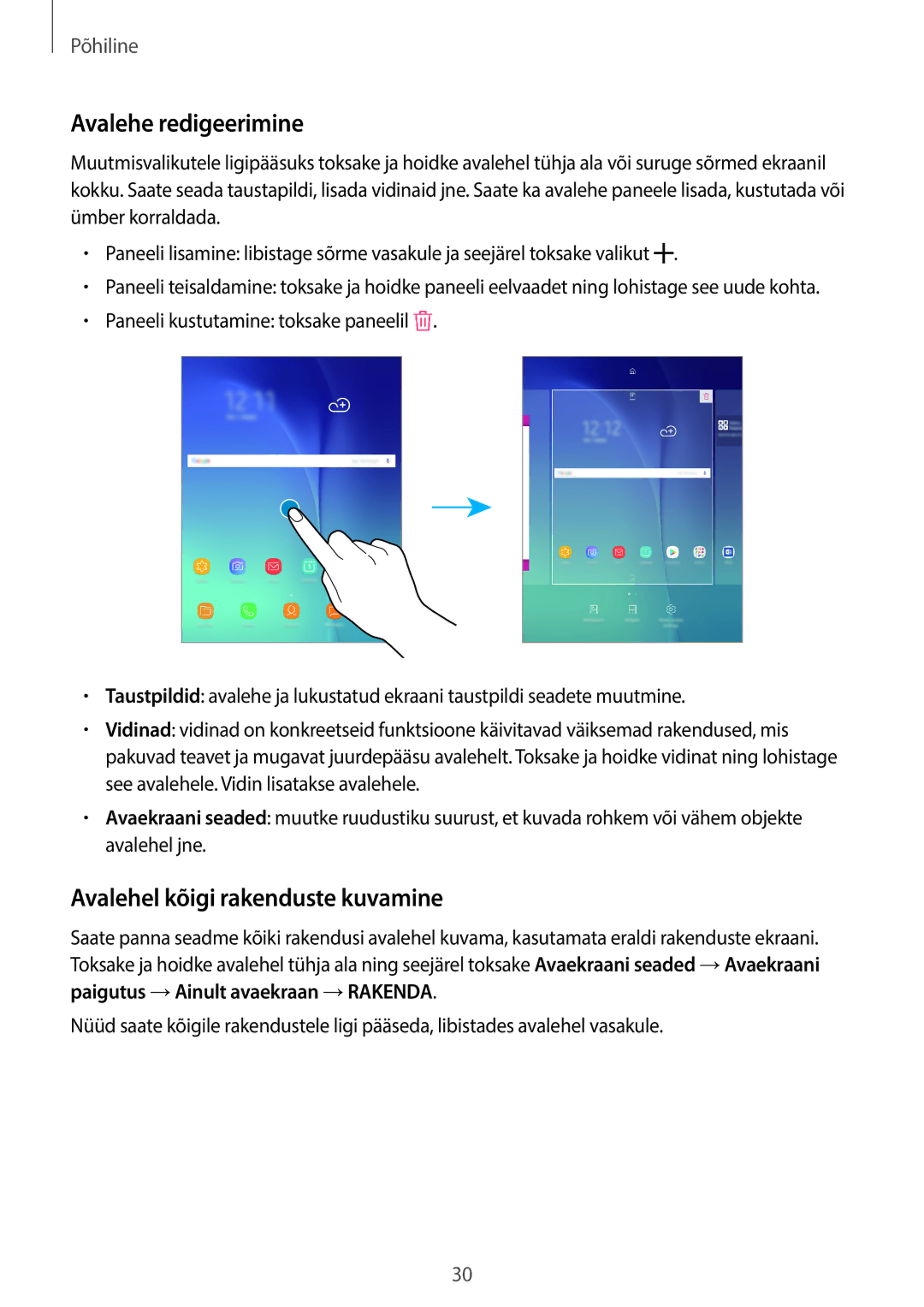 Samsung SM-T555NZKASEB, SM-T555NZWASEB manual Avalehe redigeerimine, Avalehel kõigi rakenduste kuvamine 