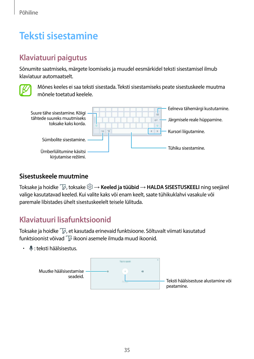 Samsung SM-T555NZWASEB Teksti sisestamine, Klaviatuuri paigutus, Klaviatuuri lisafunktsioonid, Sisestuskeele muutmine 