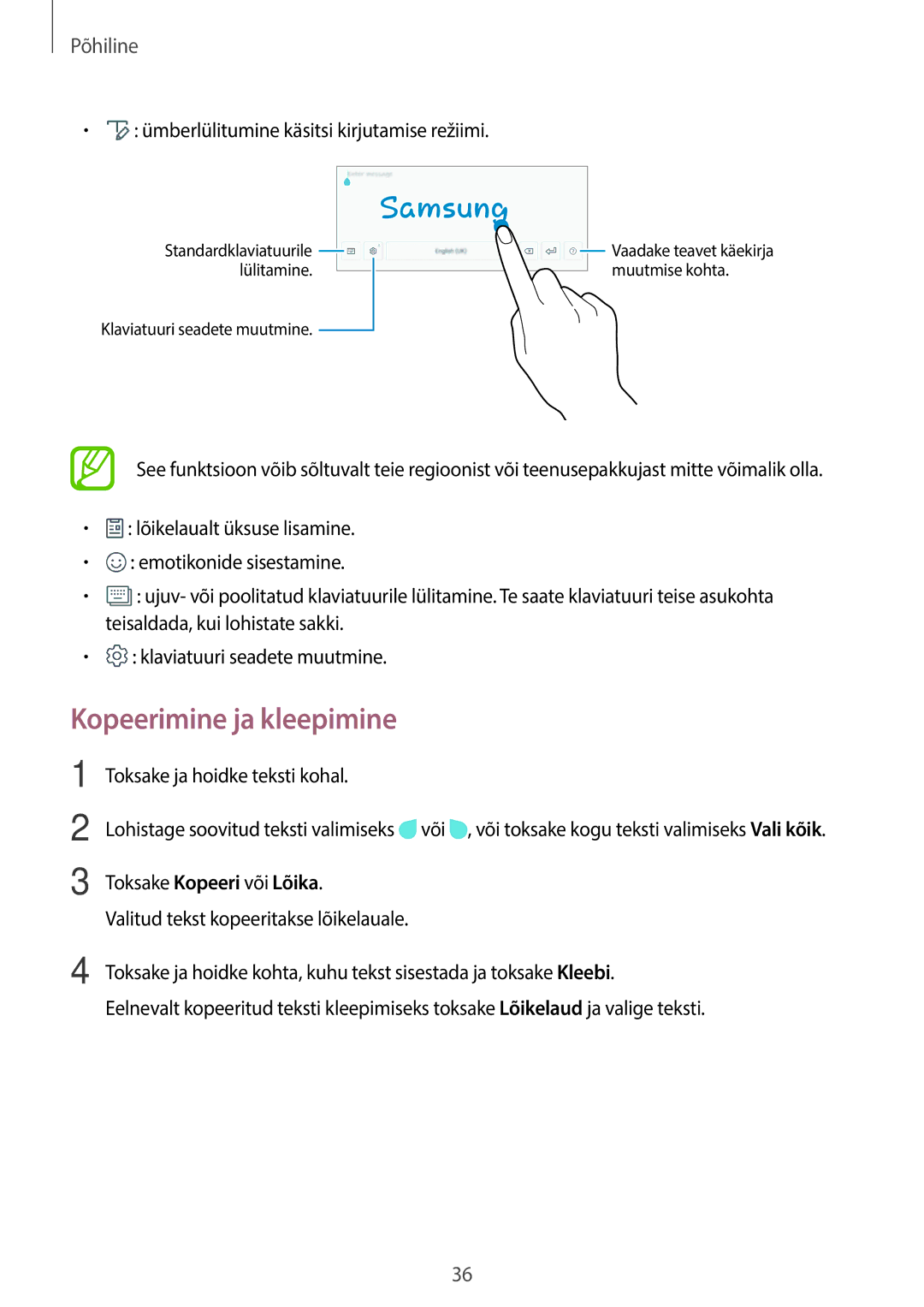 Samsung SM-T555NZKASEB, SM-T555NZWASEB manual Kopeerimine ja kleepimine, Ümberlülitumine käsitsi kirjutamise režiimi 