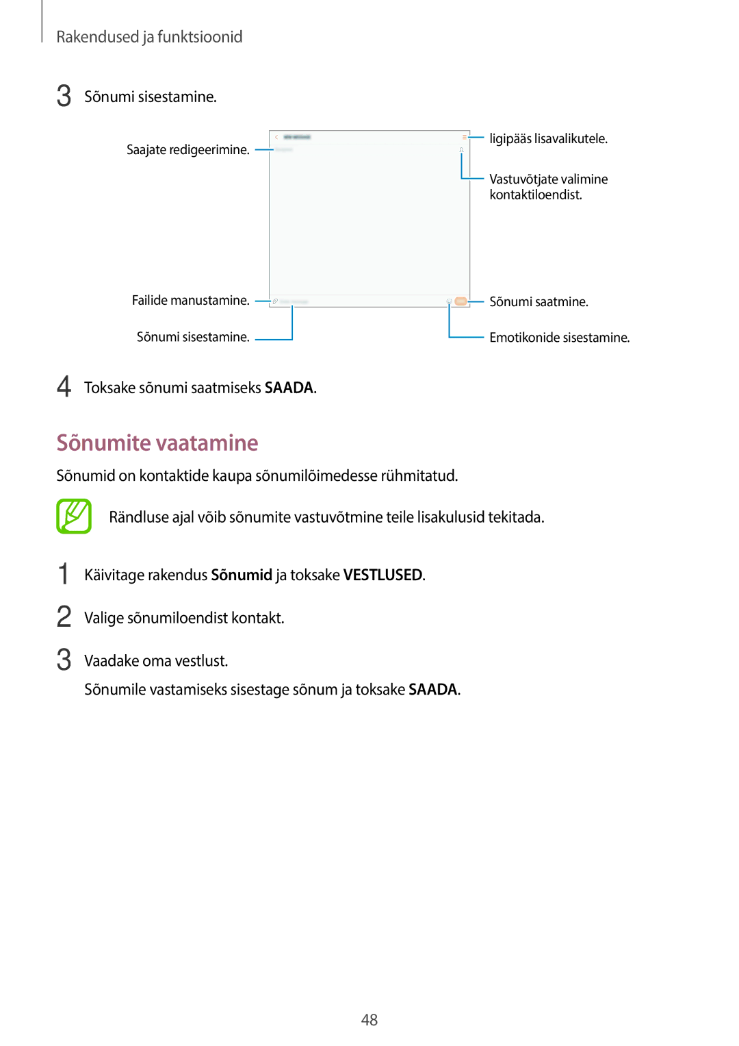 Samsung SM-T555NZKASEB, SM-T555NZWASEB manual Sõnumite vaatamine, Sõnumi sisestamine, Toksake sõnumi saatmiseks Saada 