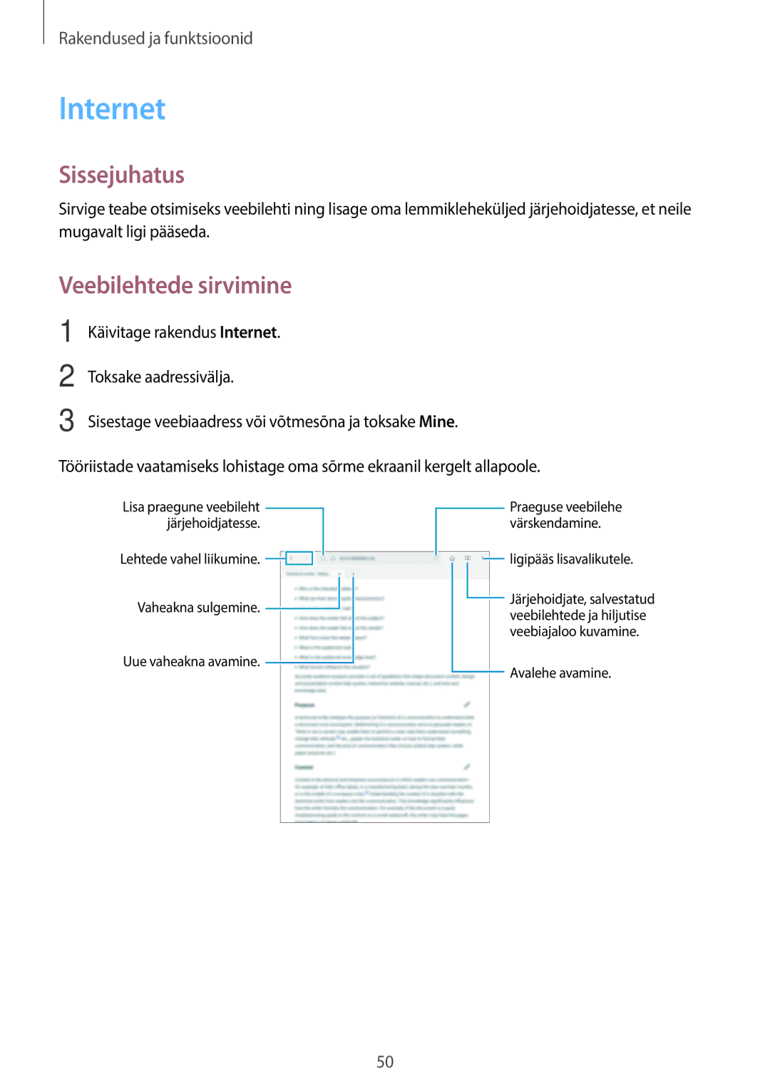 Samsung SM-T555NZKASEB, SM-T555NZWASEB manual Internet, Veebilehtede sirvimine 