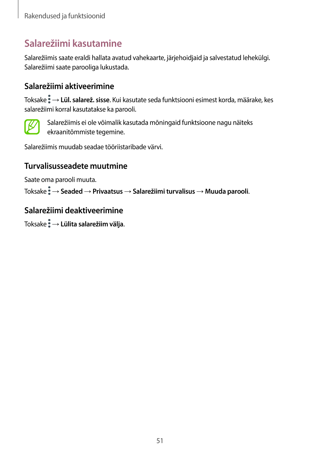 Samsung SM-T555NZWASEB, SM-T555NZKASEB manual Salarežiimi kasutamine, Salarežiimi aktiveerimine, Turvalisusseadete muutmine 