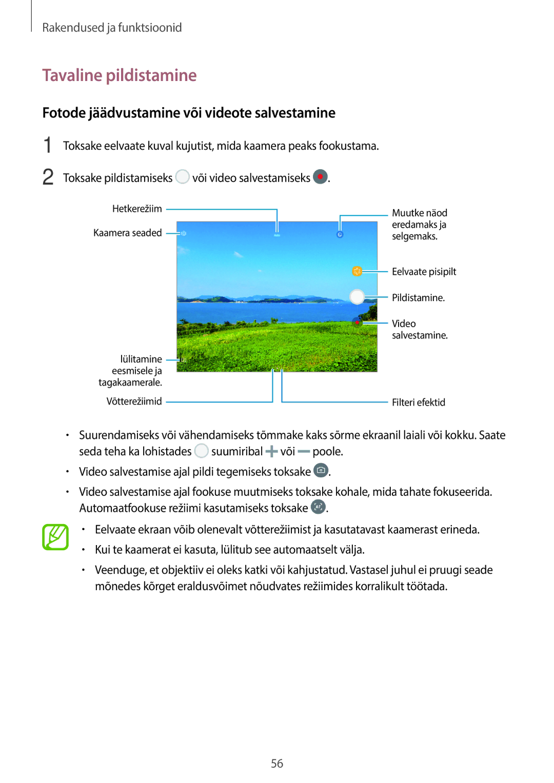 Samsung SM-T555NZKASEB, SM-T555NZWASEB manual Tavaline pildistamine, Fotode jäädvustamine või videote salvestamine 