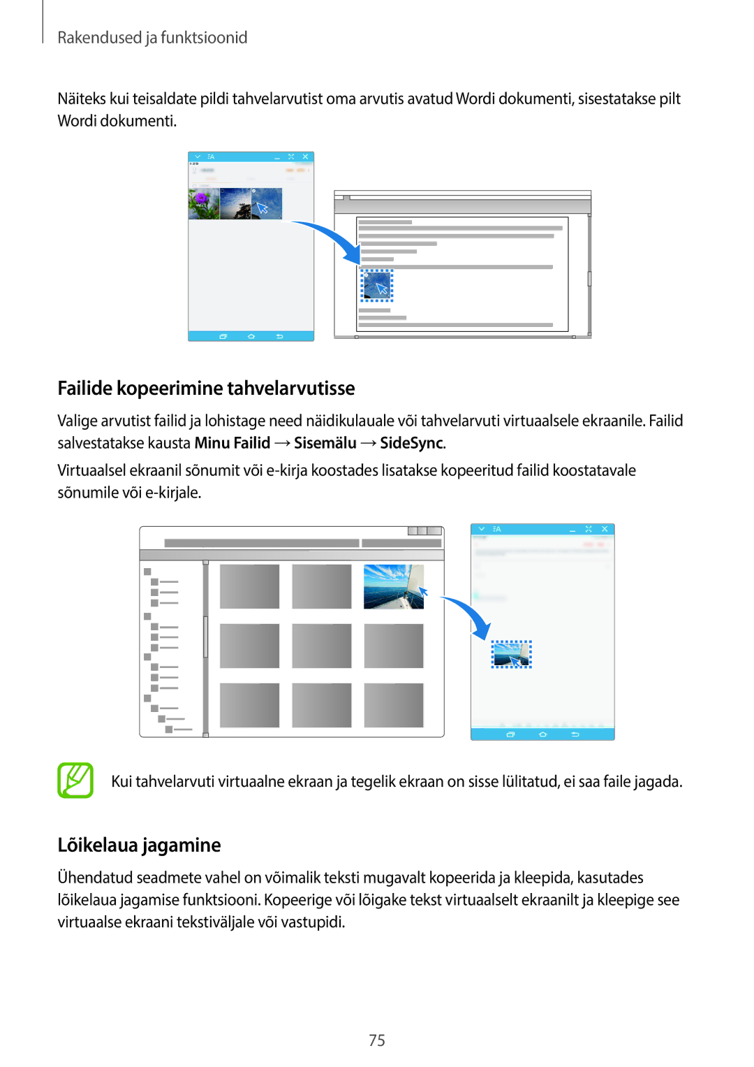 Samsung SM-T555NZWASEB, SM-T555NZKASEB manual Failide kopeerimine tahvelarvutisse, Lõikelaua jagamine 