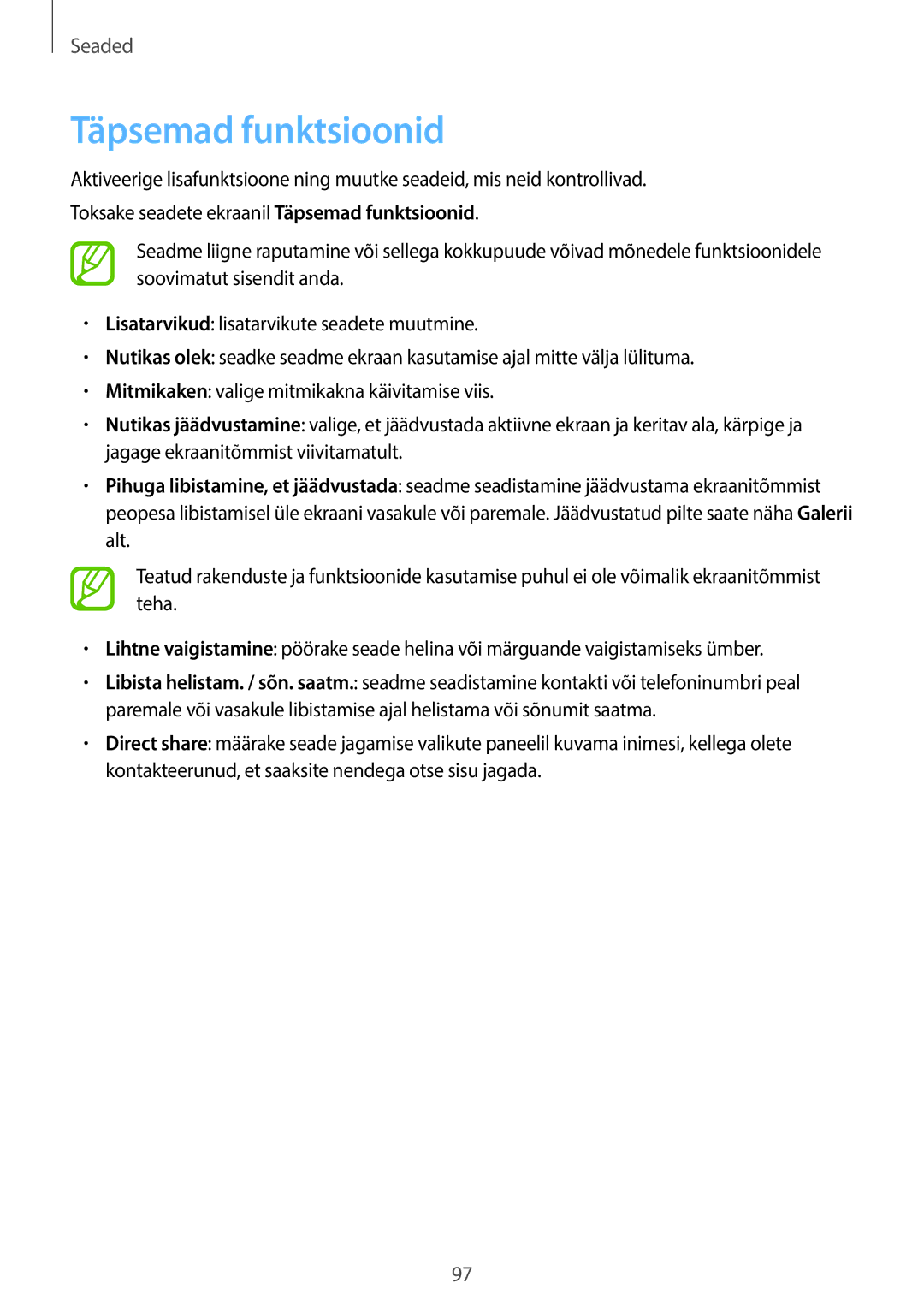 Samsung SM-T555NZWASEB, SM-T555NZKASEB manual Täpsemad funktsioonid 