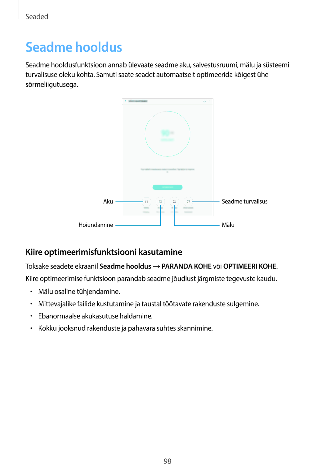 Samsung SM-T555NZKASEB, SM-T555NZWASEB manual Seadme hooldus, Kiire optimeerimisfunktsiooni kasutamine 