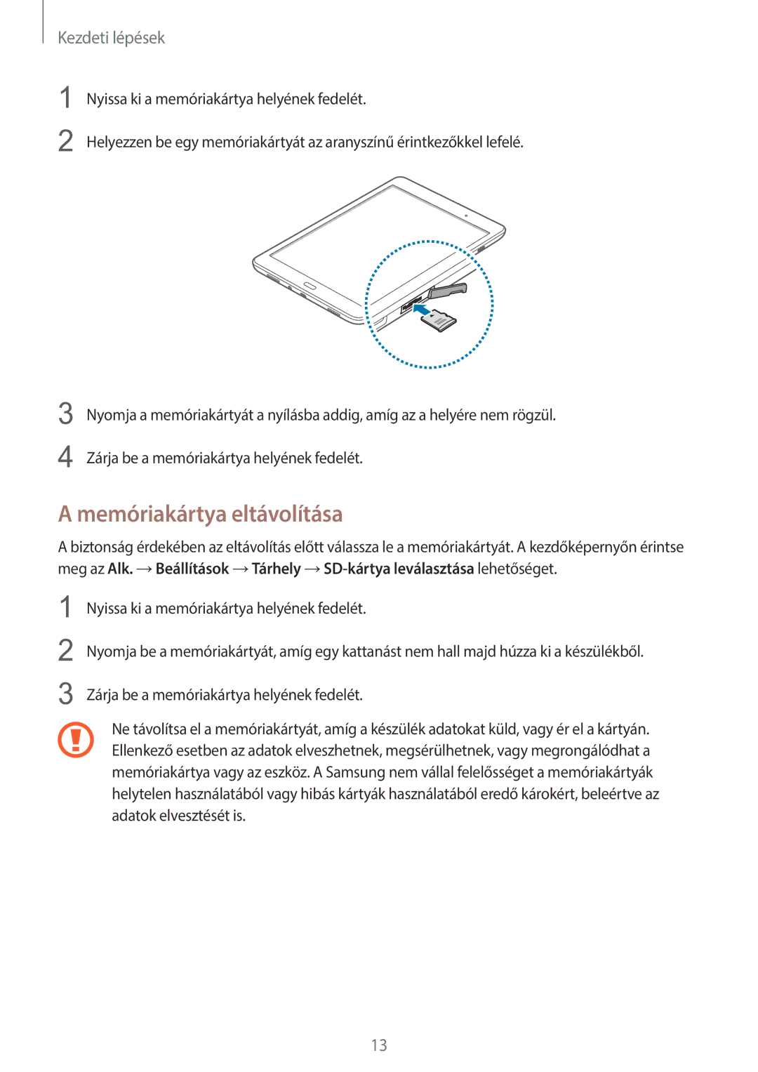 Samsung SM-T555NZKAXEH manual Memóriakártya eltávolítása 