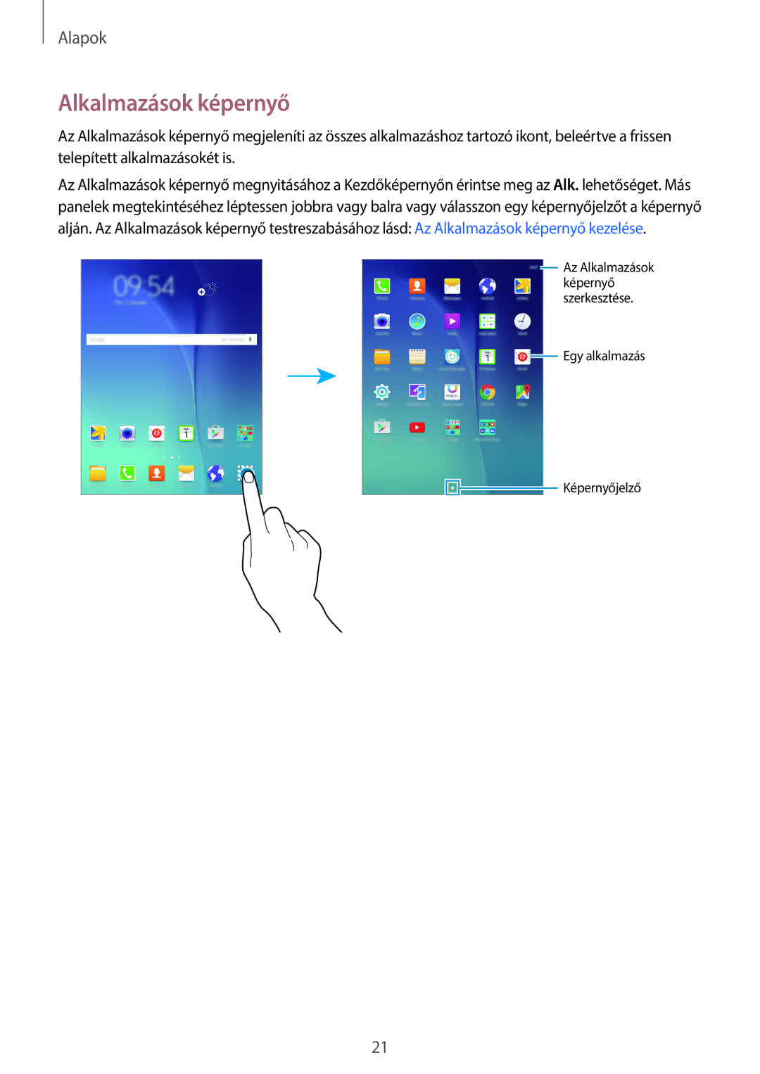 Samsung SM-T555NZKAXEH manual Alkalmazások képernyő 