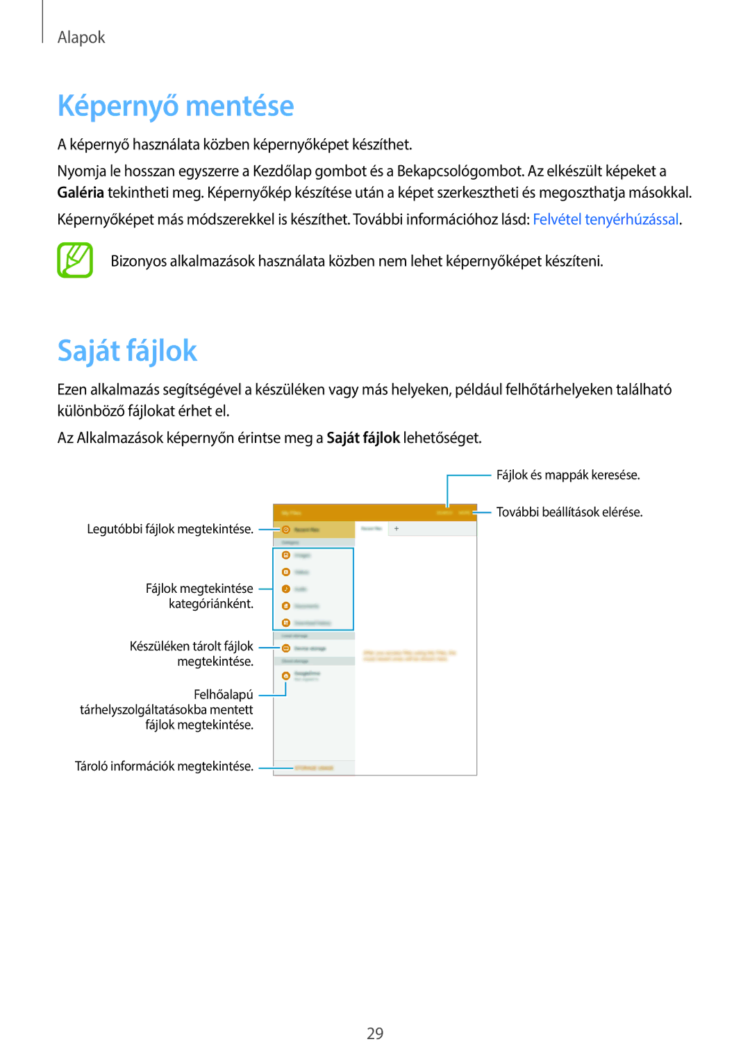 Samsung SM-T555NZKAXEH manual Képernyő mentése, Saját fájlok 