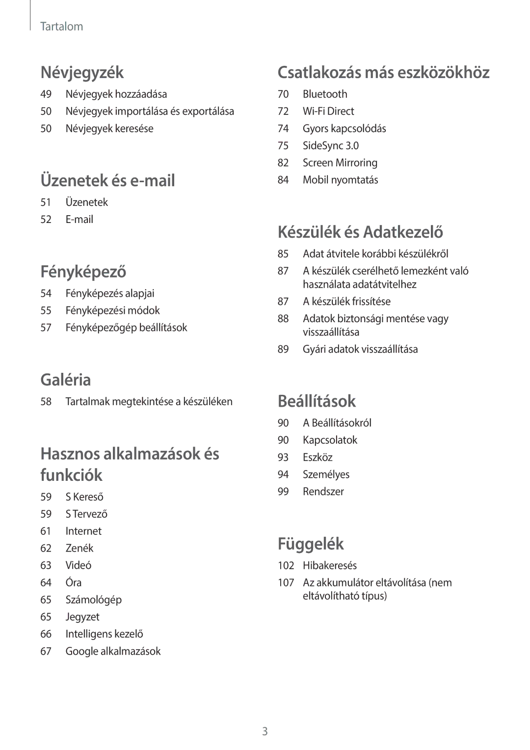 Samsung SM-T555NZKAXEH manual Névjegyzék 