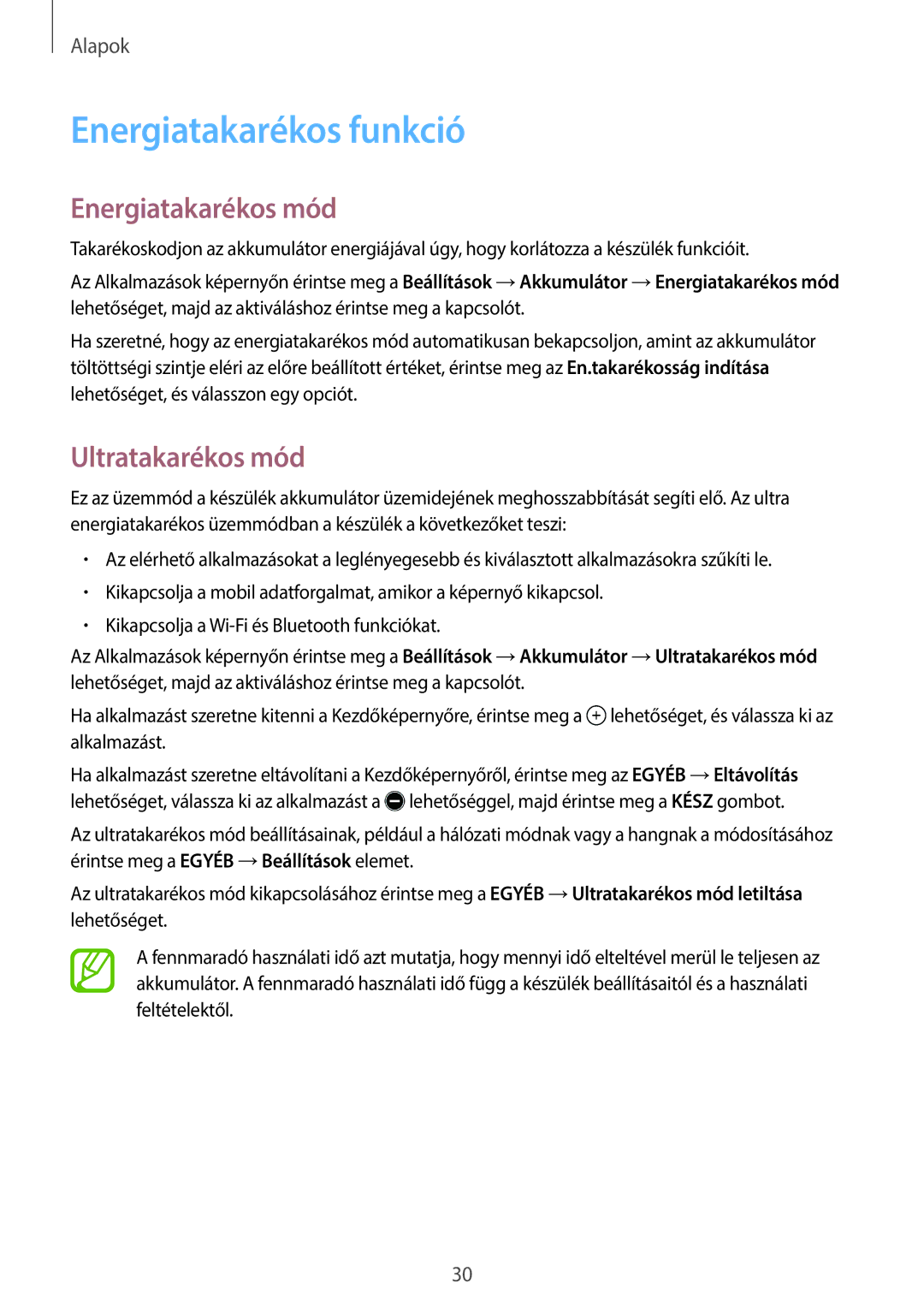 Samsung SM-T555NZKAXEH manual Energiatakarékos funkció, Energiatakarékos mód, Ultratakarékos mód 