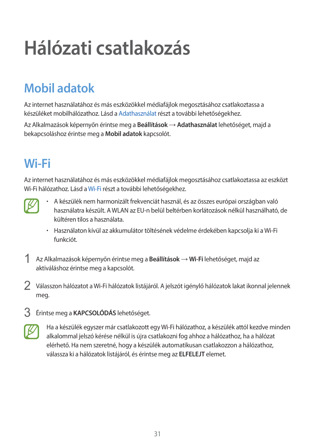 Samsung SM-T555NZKAXEH manual Hálózati csatlakozás, Mobil adatok, Wi-Fi 