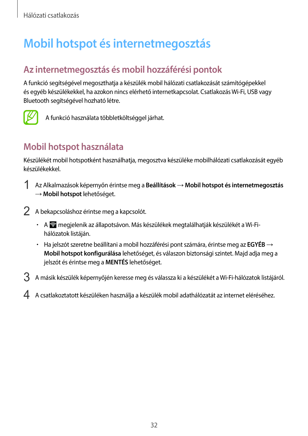 Samsung SM-T555NZKAXEH manual Mobil hotspot és internetmegosztás, Az internetmegosztás és mobil hozzáférési pontok 