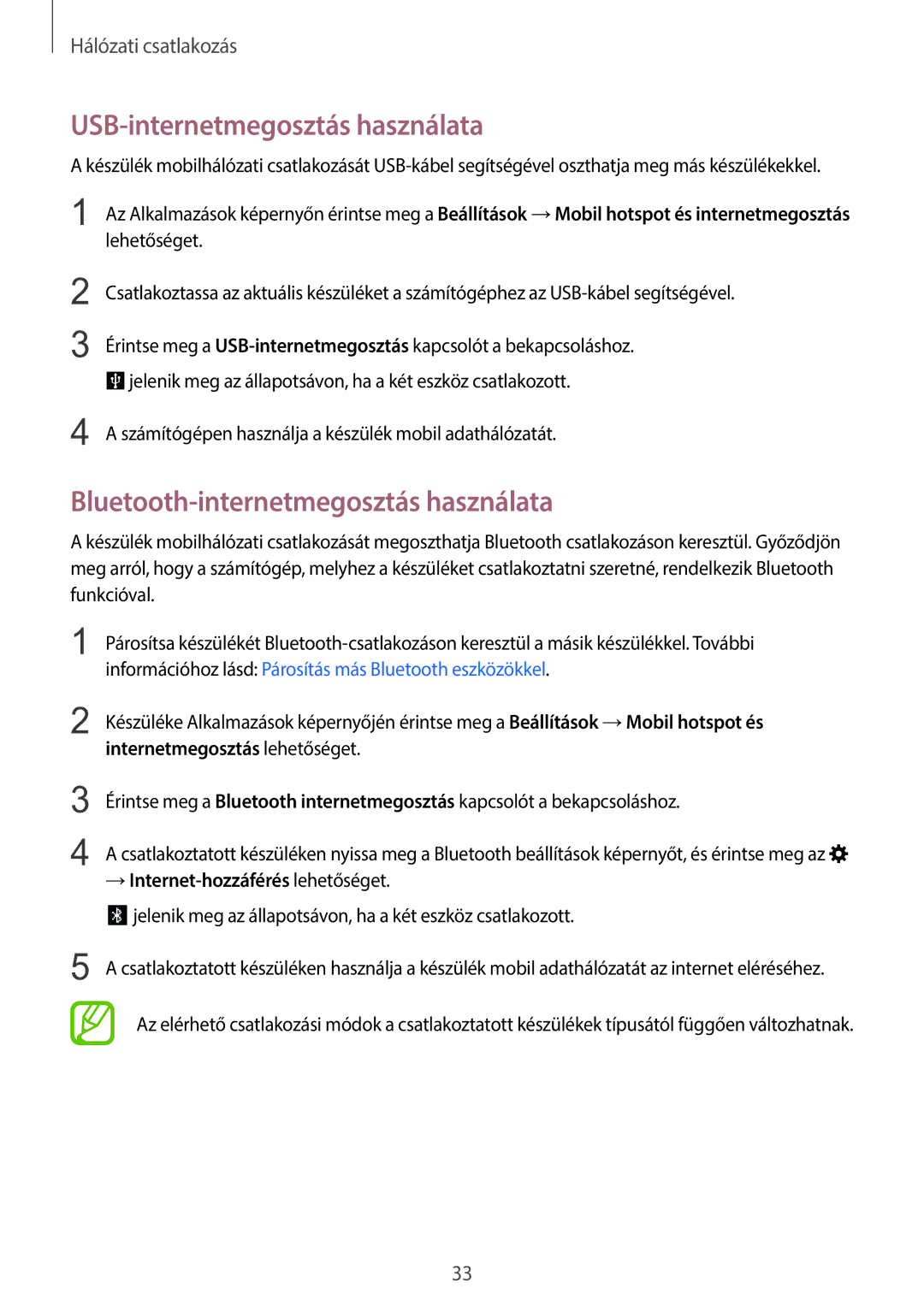 Samsung SM-T555NZKAXEH manual USB-internetmegosztás használata, Bluetooth-internetmegosztás használata 