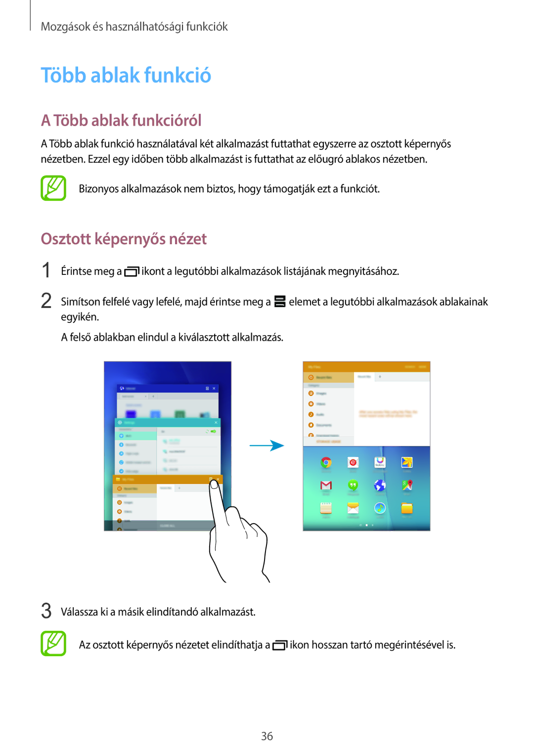 Samsung SM-T555NZKAXEH manual Több ablak funkcióról, Osztott képernyős nézet 