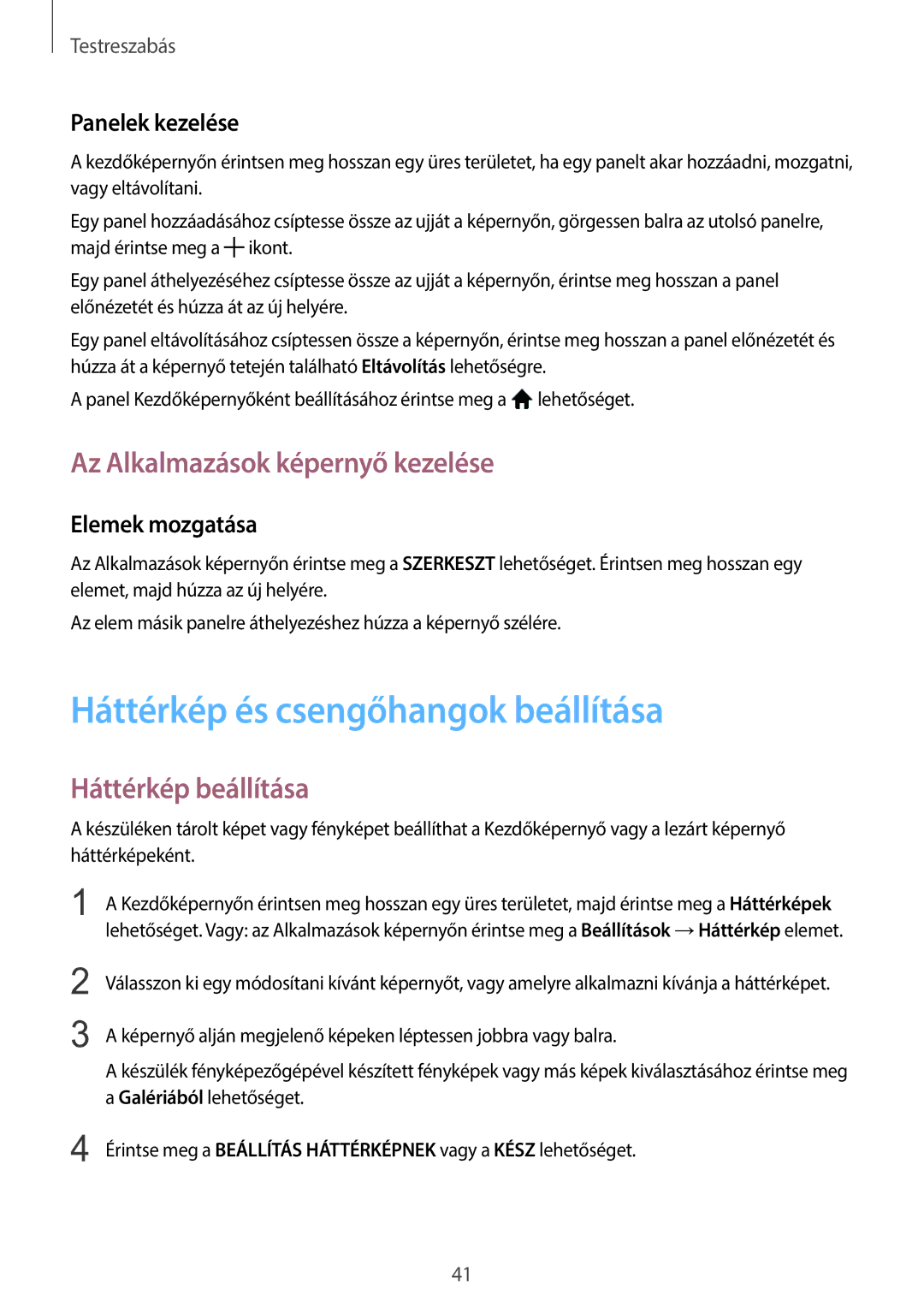 Samsung SM-T555NZKAXEH manual Háttérkép és csengőhangok beállítása, Az Alkalmazások képernyő kezelése, Háttérkép beállítása 