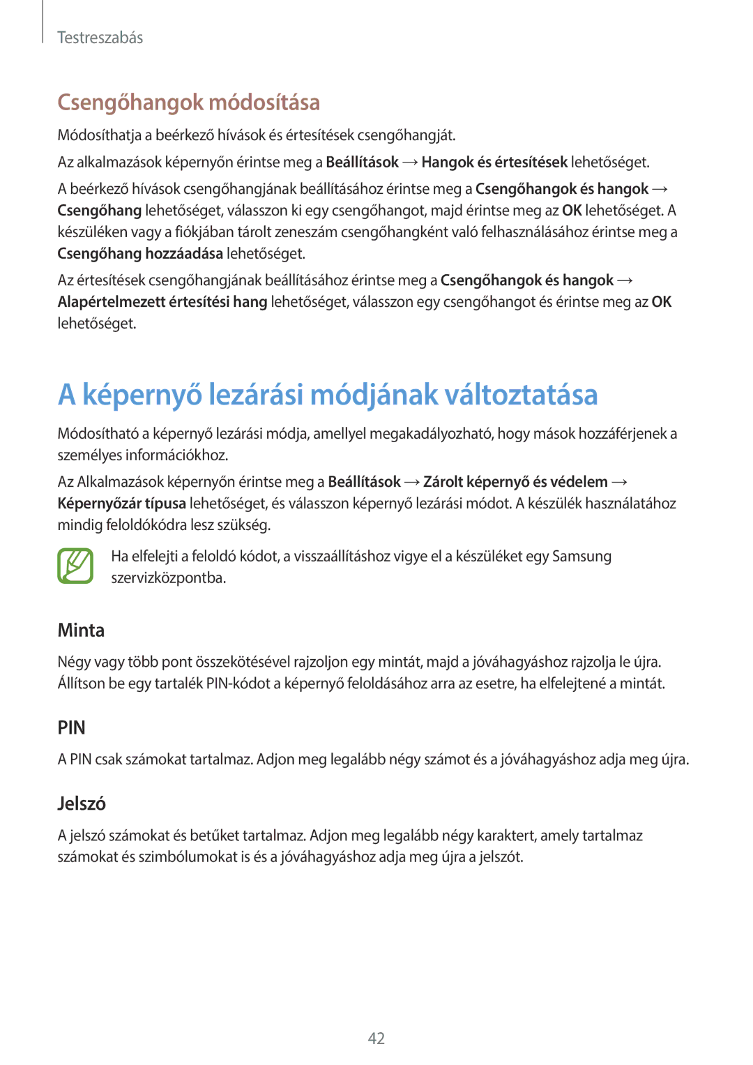 Samsung SM-T555NZKAXEH manual Képernyő lezárási módjának változtatása, Csengőhangok módosítása, Minta, Jelszó 