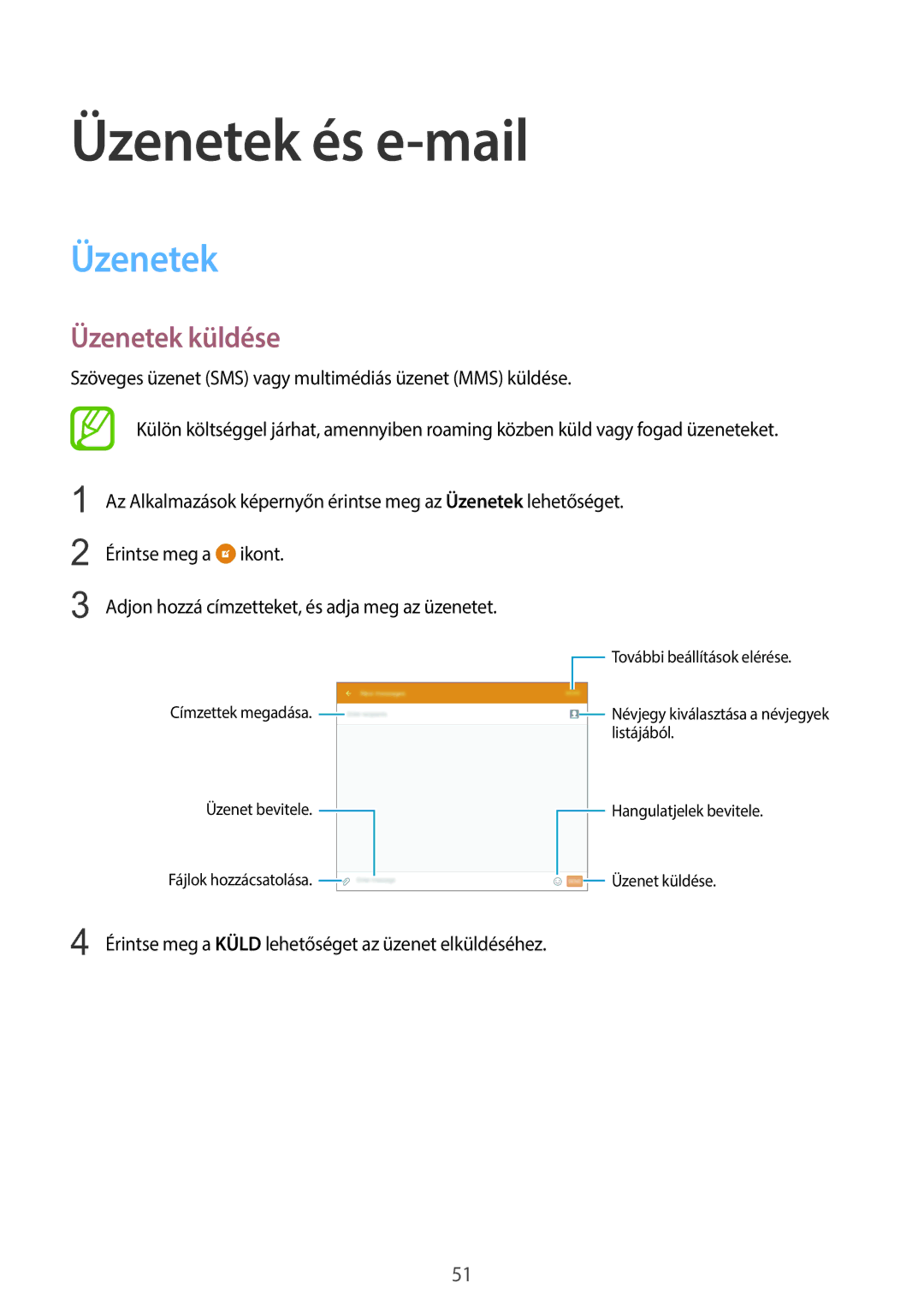 Samsung SM-T555NZKAXEH manual Üzenetek és e-mail, Üzenetek küldése 