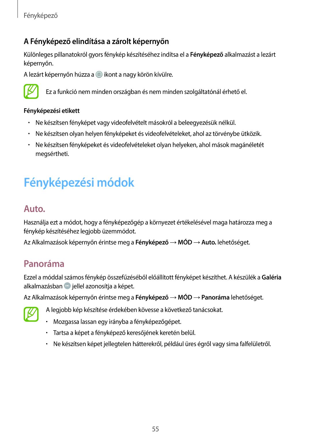 Samsung SM-T555NZKAXEH manual Fényképezési módok, Auto, Panoráma, Fényképező elindítása a zárolt képernyőn 