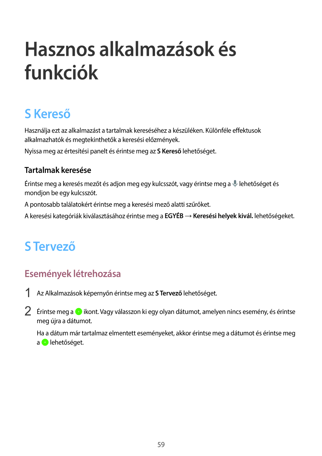 Samsung SM-T555NZKAXEH manual Kereső, Tervező, Események létrehozása, Tartalmak keresése 