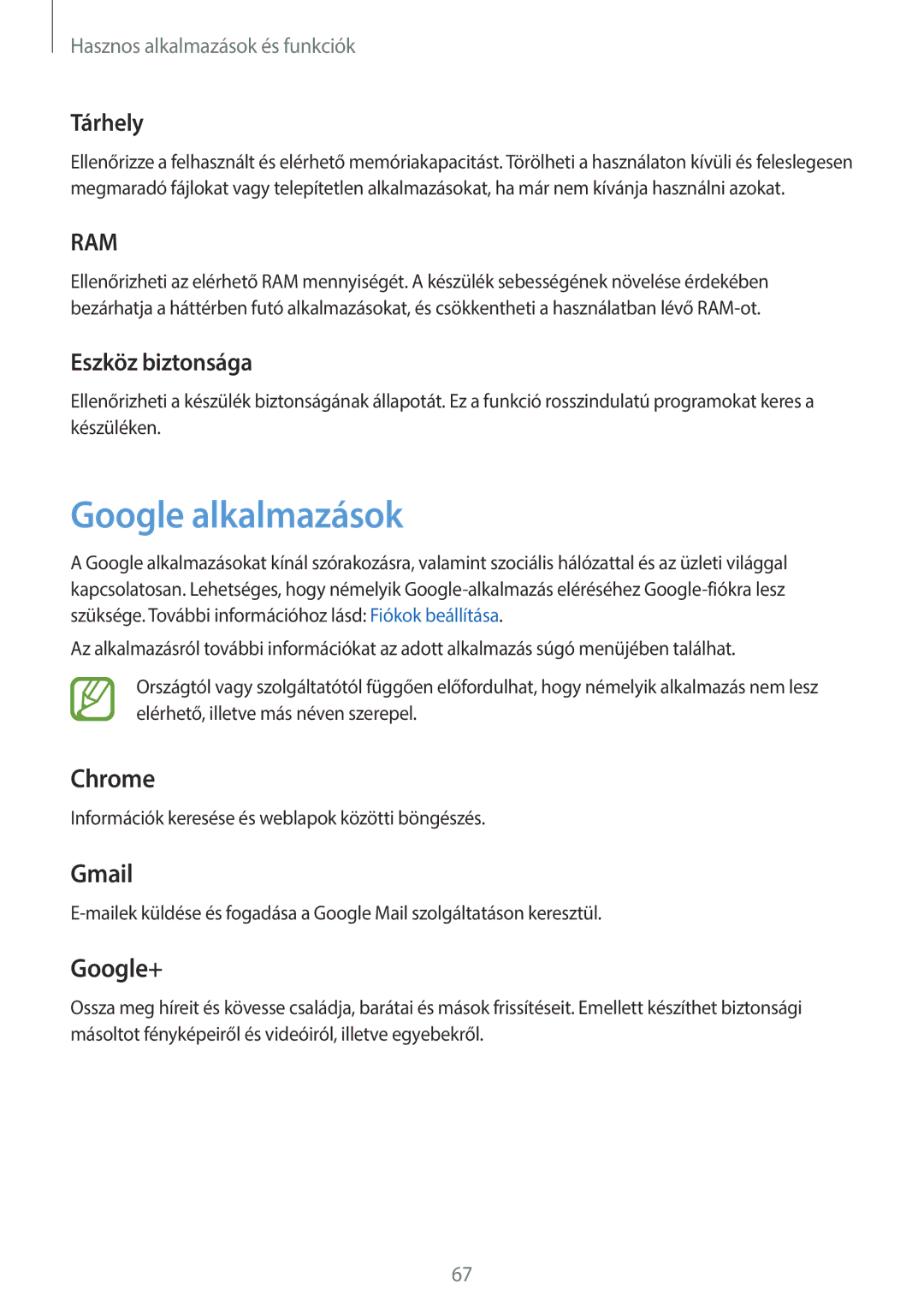 Samsung SM-T555NZKAXEH manual Google alkalmazások, Tárhely, Eszköz biztonsága 