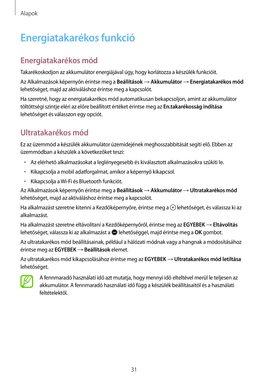 Samsung SM-T555NZKAXEH manual Energiatakarékos funkció, Energiatakarékos mód, Ultratakarékos mód 