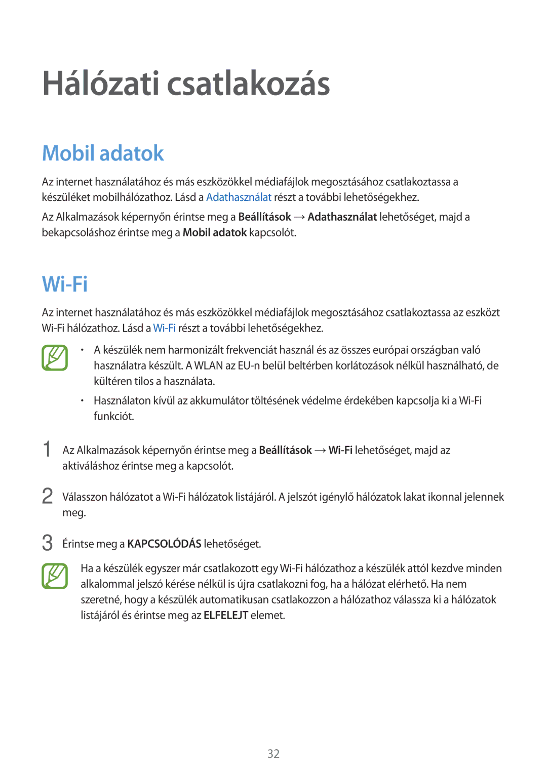 Samsung SM-T555NZKAXEH manual Hálózati csatlakozás, Mobil adatok, Wi-Fi 