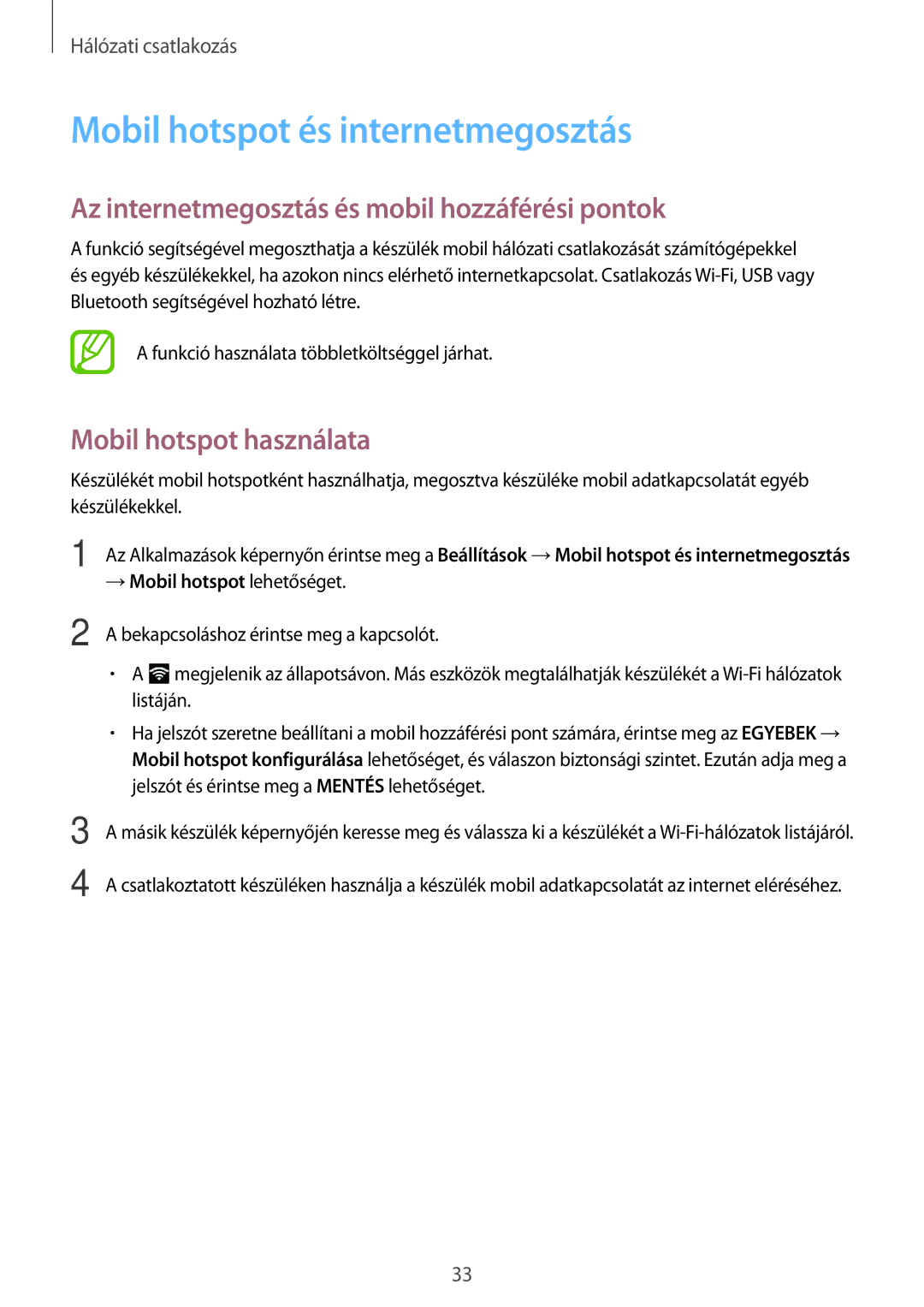 Samsung SM-T555NZKAXEH manual Mobil hotspot és internetmegosztás, Az internetmegosztás és mobil hozzáférési pontok 