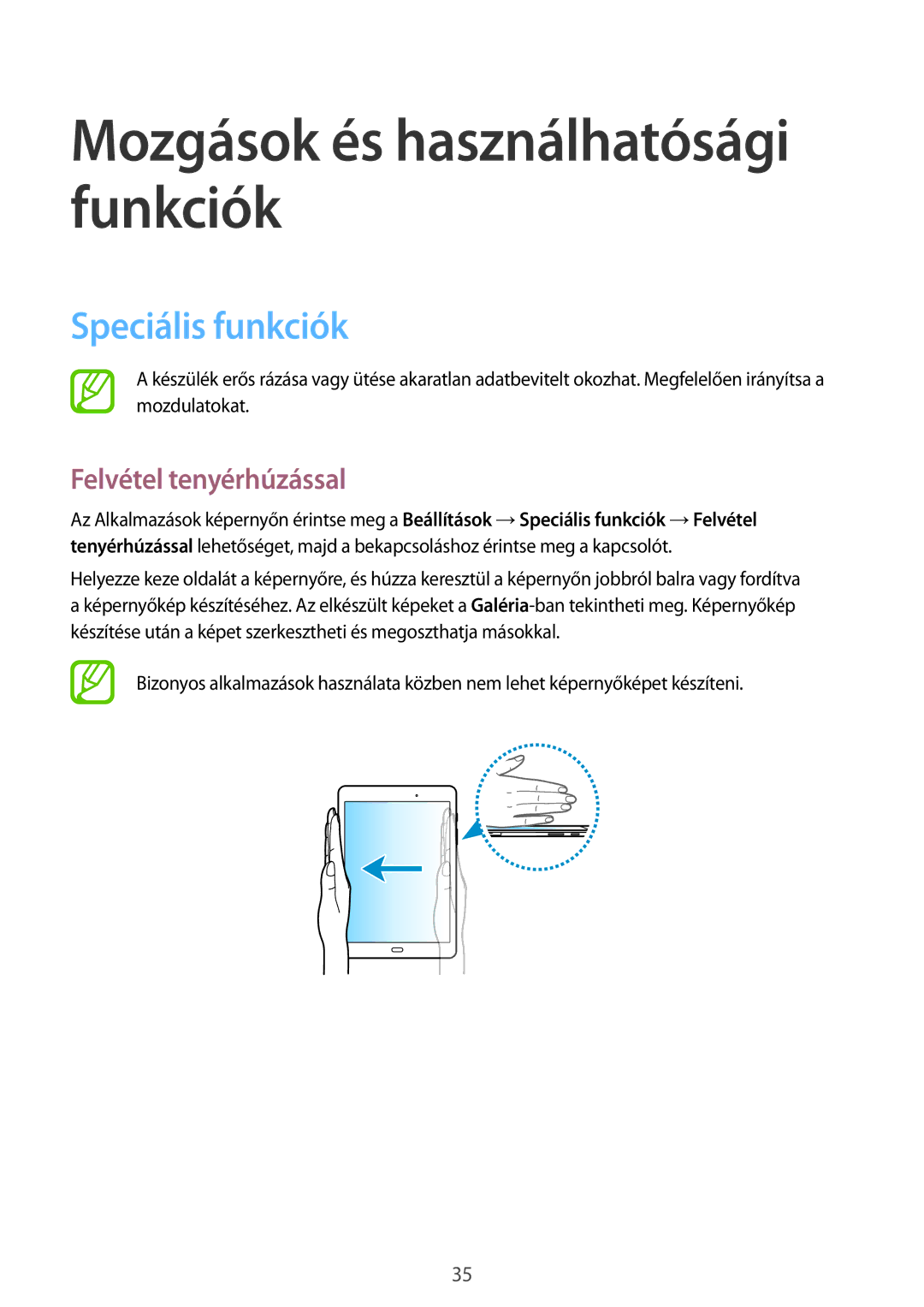 Samsung SM-T555NZKAXEH manual Speciális funkciók, Felvétel tenyérhúzással 