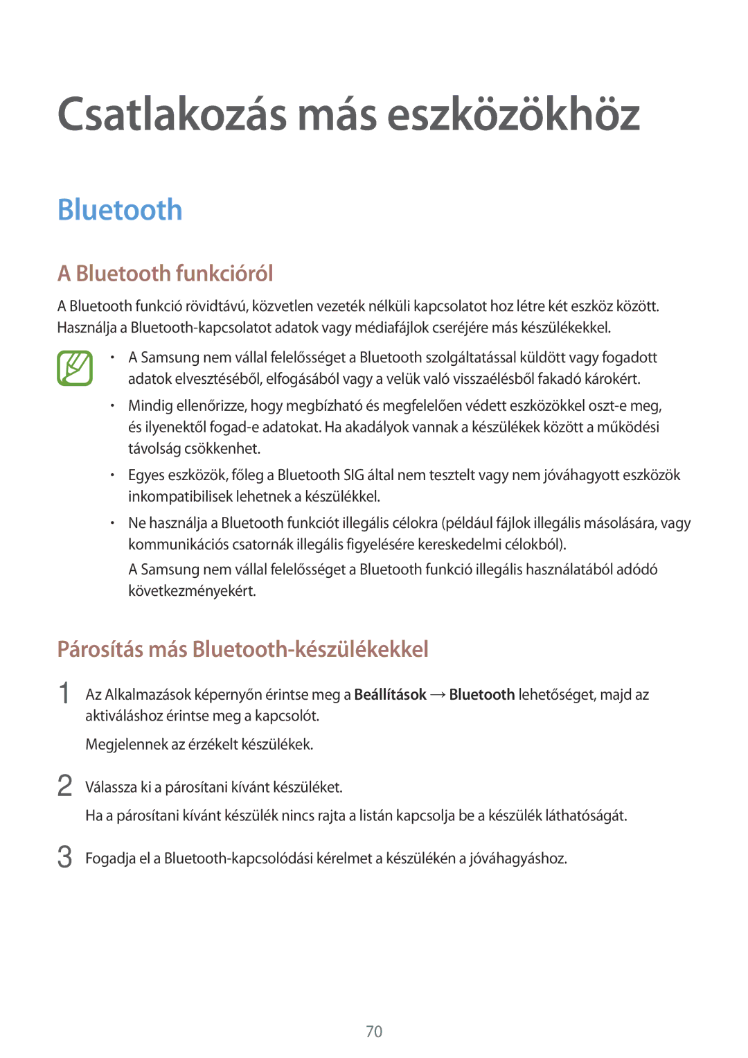 Samsung SM-T555NZKAXEH manual Bluetooth funkcióról, Párosítás más Bluetooth-készülékekkel 