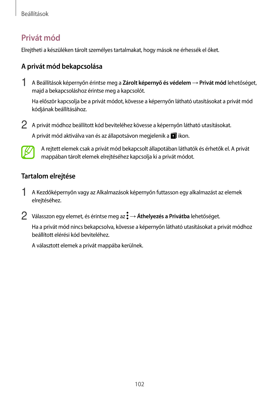 Samsung SM-T555NZKAXEH manual Privát mód bekapcsolása, Tartalom elrejtése 