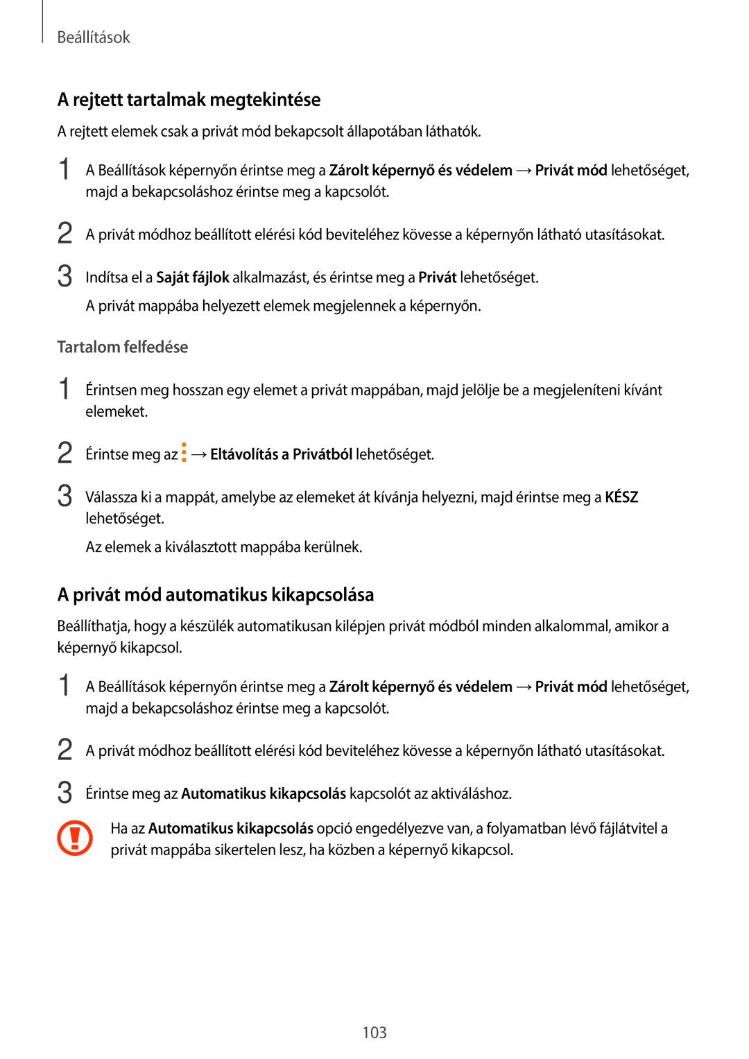 Samsung SM-T555NZKAXEH manual Rejtett tartalmak megtekintése, Privát mód automatikus kikapcsolása 