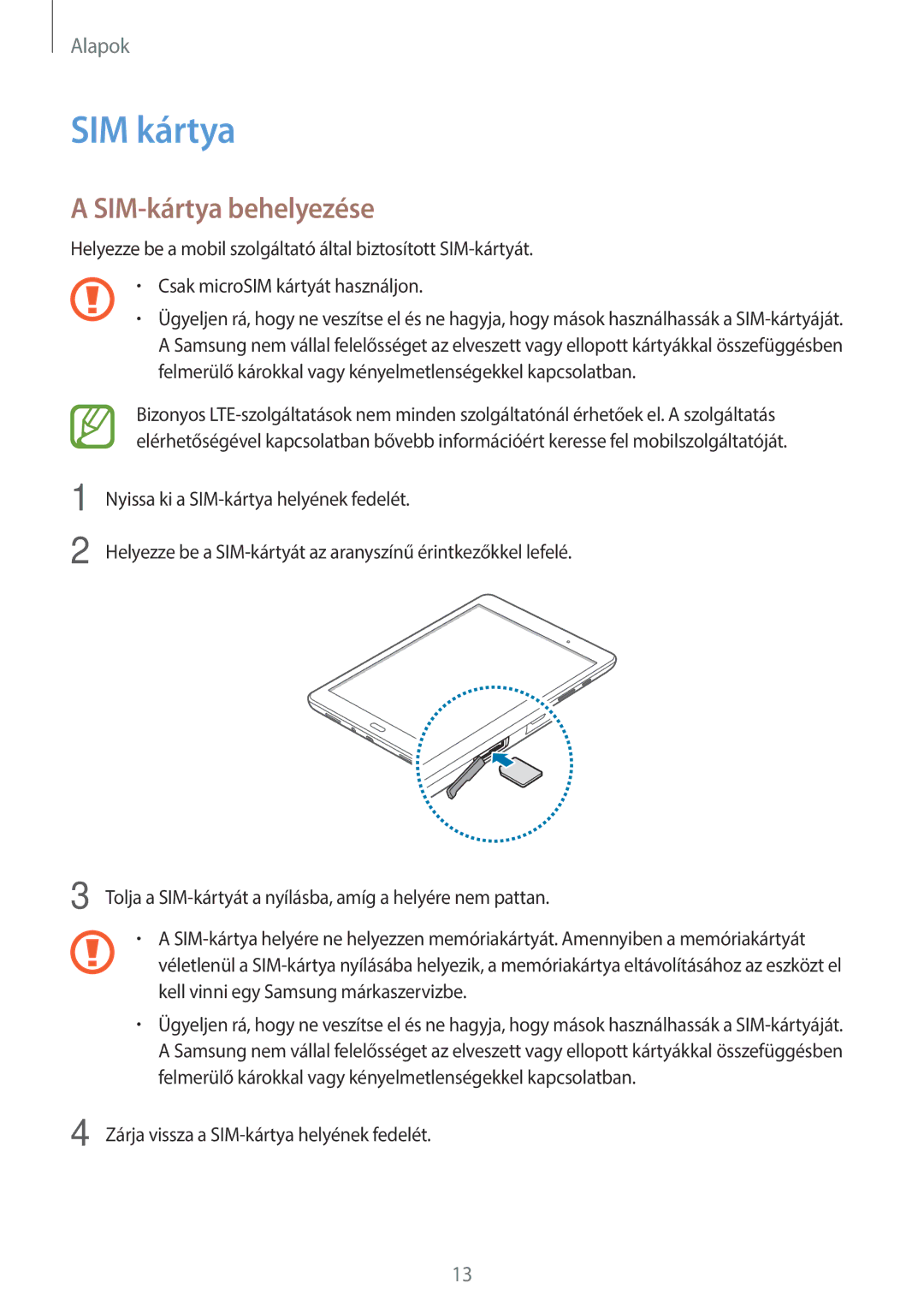 Samsung SM-T555NZKAXEH manual SIM kártya, SIM-kártya behelyezése 