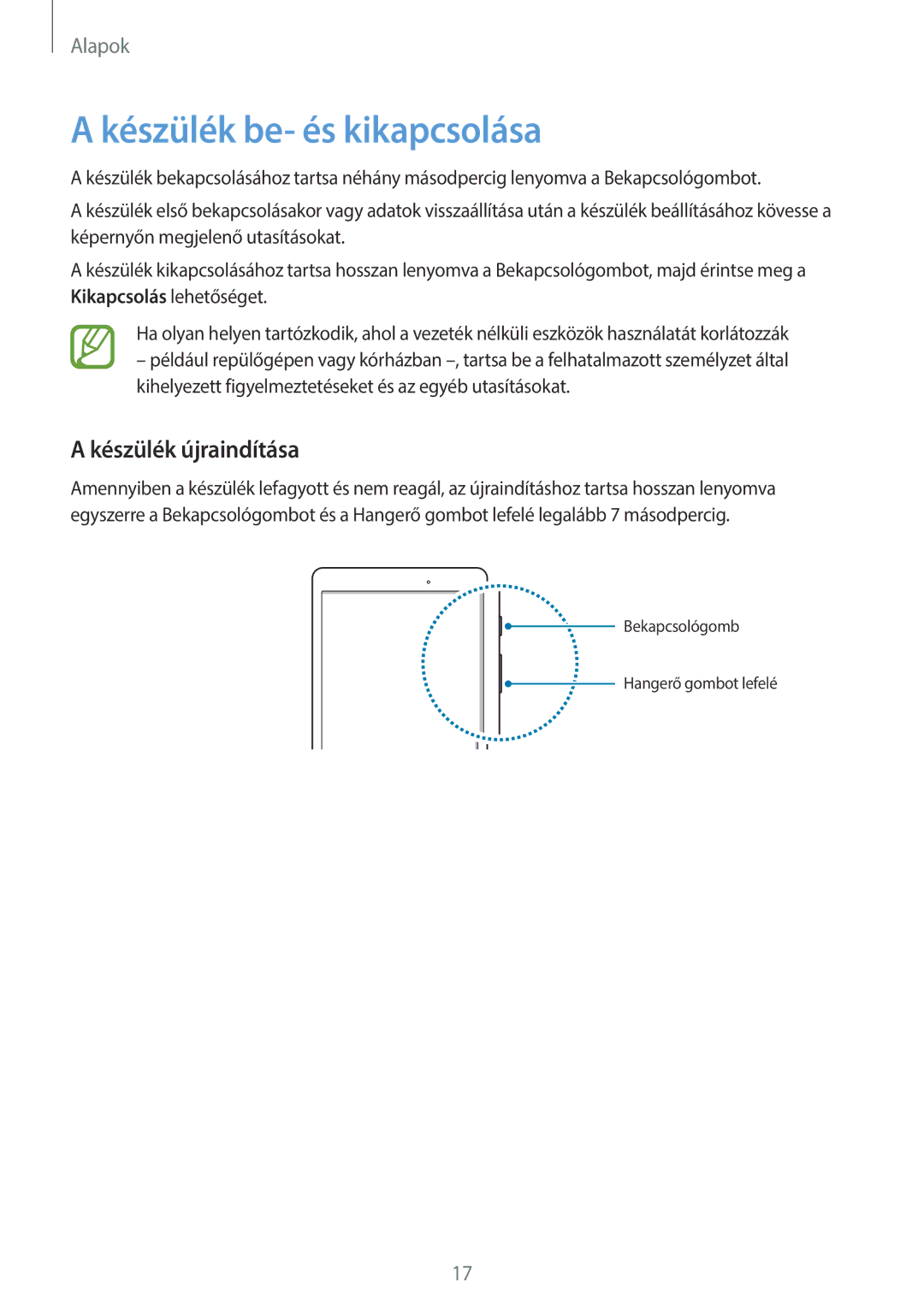 Samsung SM-T555NZKAXEH manual Készülék be- és kikapcsolása, Készülék újraindítása 