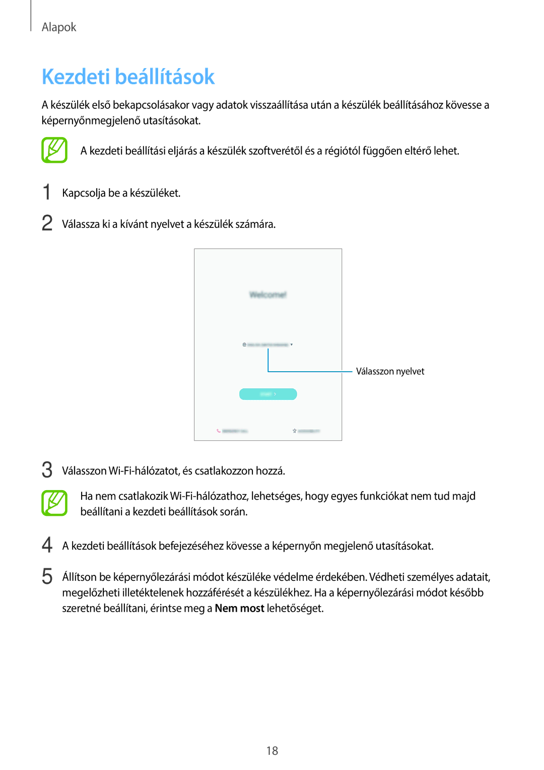 Samsung SM-T555NZKAXEH manual Kezdeti beállítások 