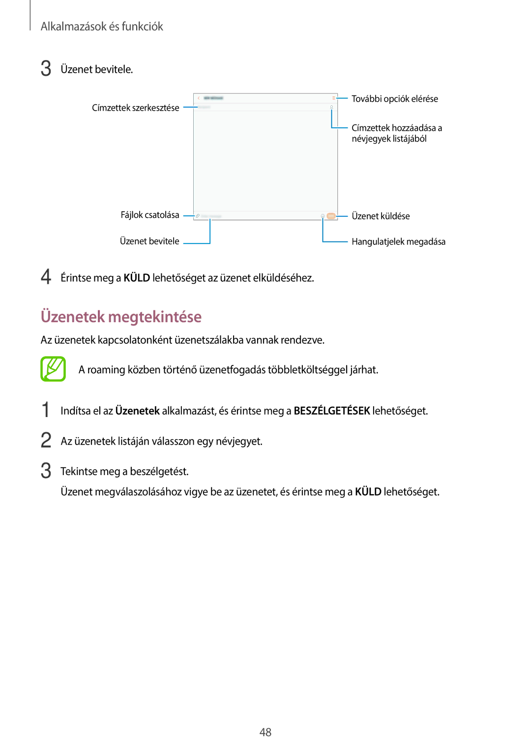 Samsung SM-T555NZKAXEH manual Üzenetek megtekintése, Üzenet bevitele 