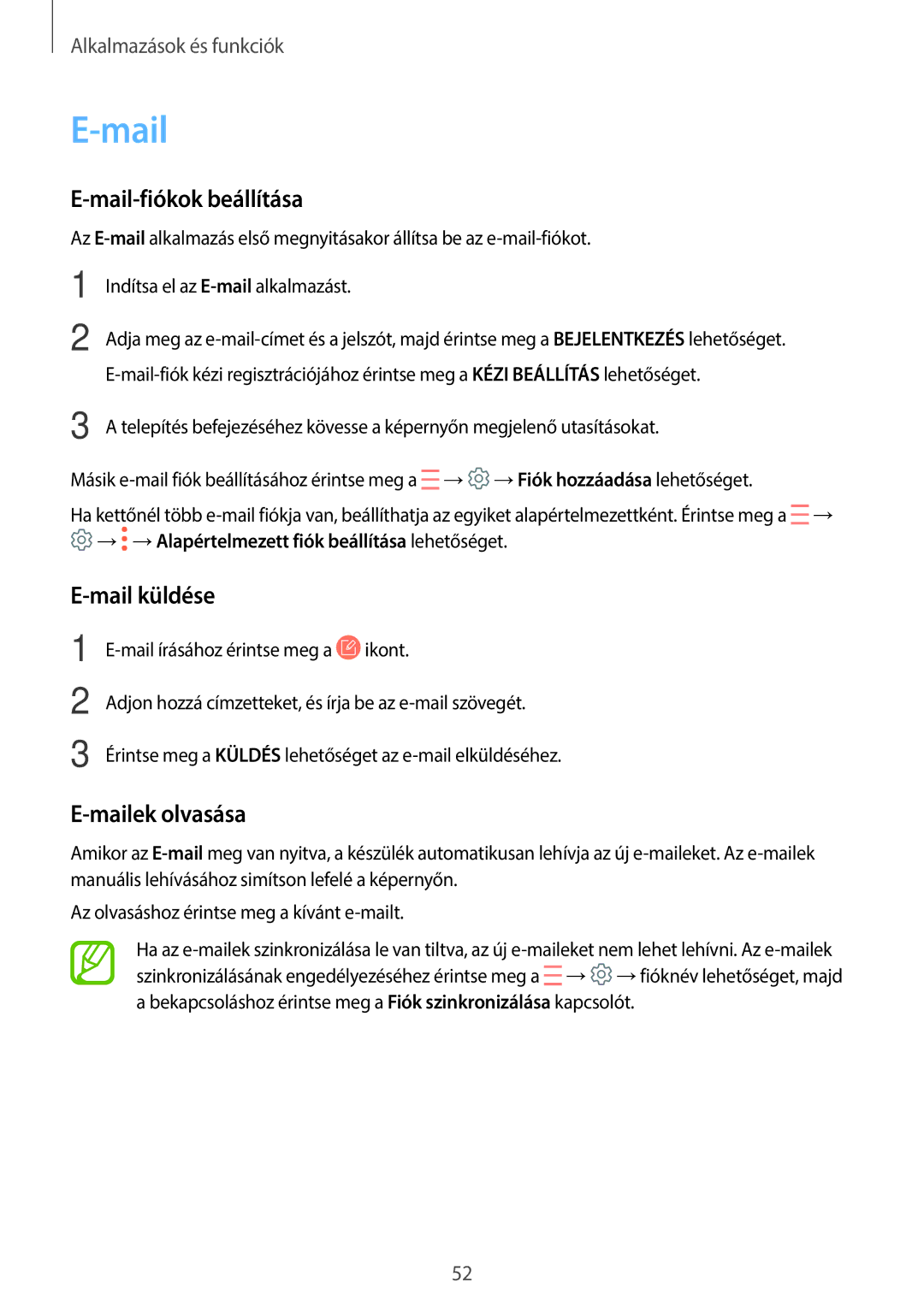 Samsung SM-T555NZKAXEH manual Mail-fiókok beállítása, Mail küldése, Mailek olvasása 