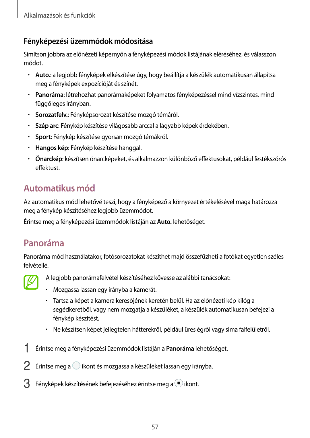 Samsung SM-T555NZKAXEH manual Automatikus mód, Panoráma, Fényképezési üzemmódok módosítása 