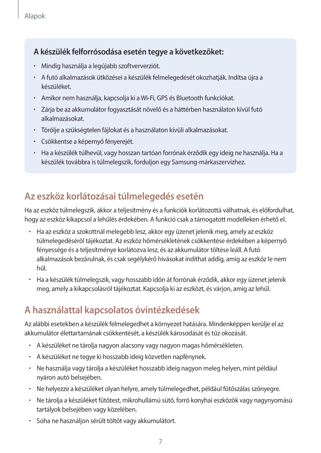 Samsung SM-T555NZKAXEH manual Az eszköz korlátozásai túlmelegedés esetén, Használattal kapcsolatos óvintézkedések 