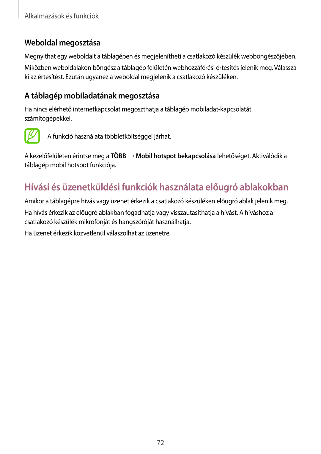 Samsung SM-T555NZKAXEH manual Weboldal megosztása, Táblagép mobiladatának megosztása 