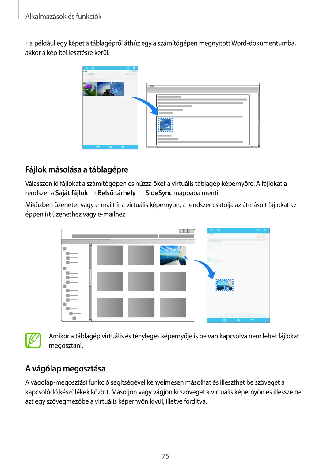 Samsung SM-T555NZKAXEH manual Fájlok másolása a táblagépre, Vágólap megosztása 