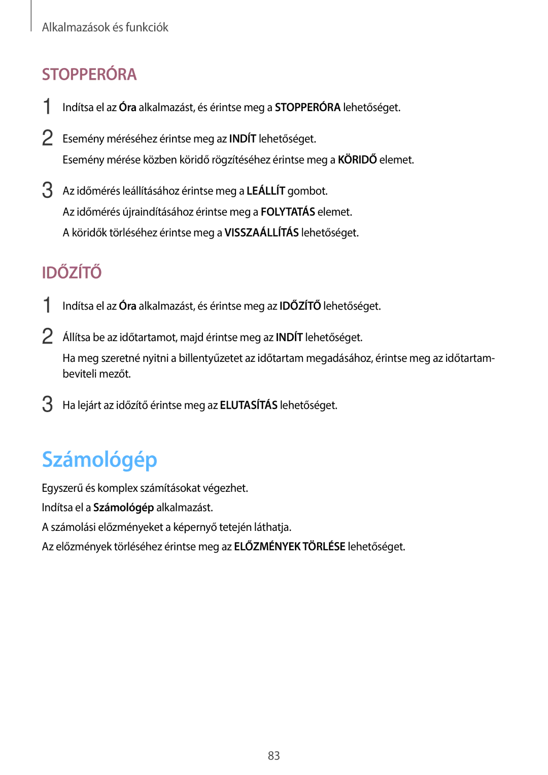 Samsung SM-T555NZKAXEH manual Számológép, Stopperóra 