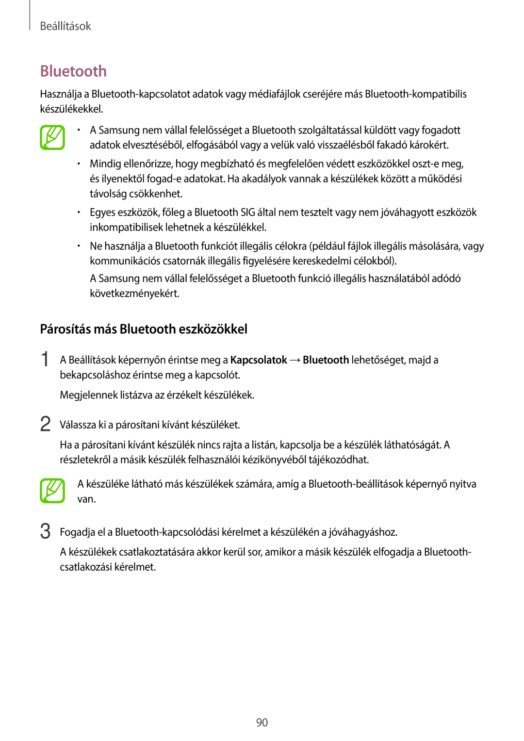 Samsung SM-T555NZKAXEH manual Párosítás más Bluetooth eszközökkel 