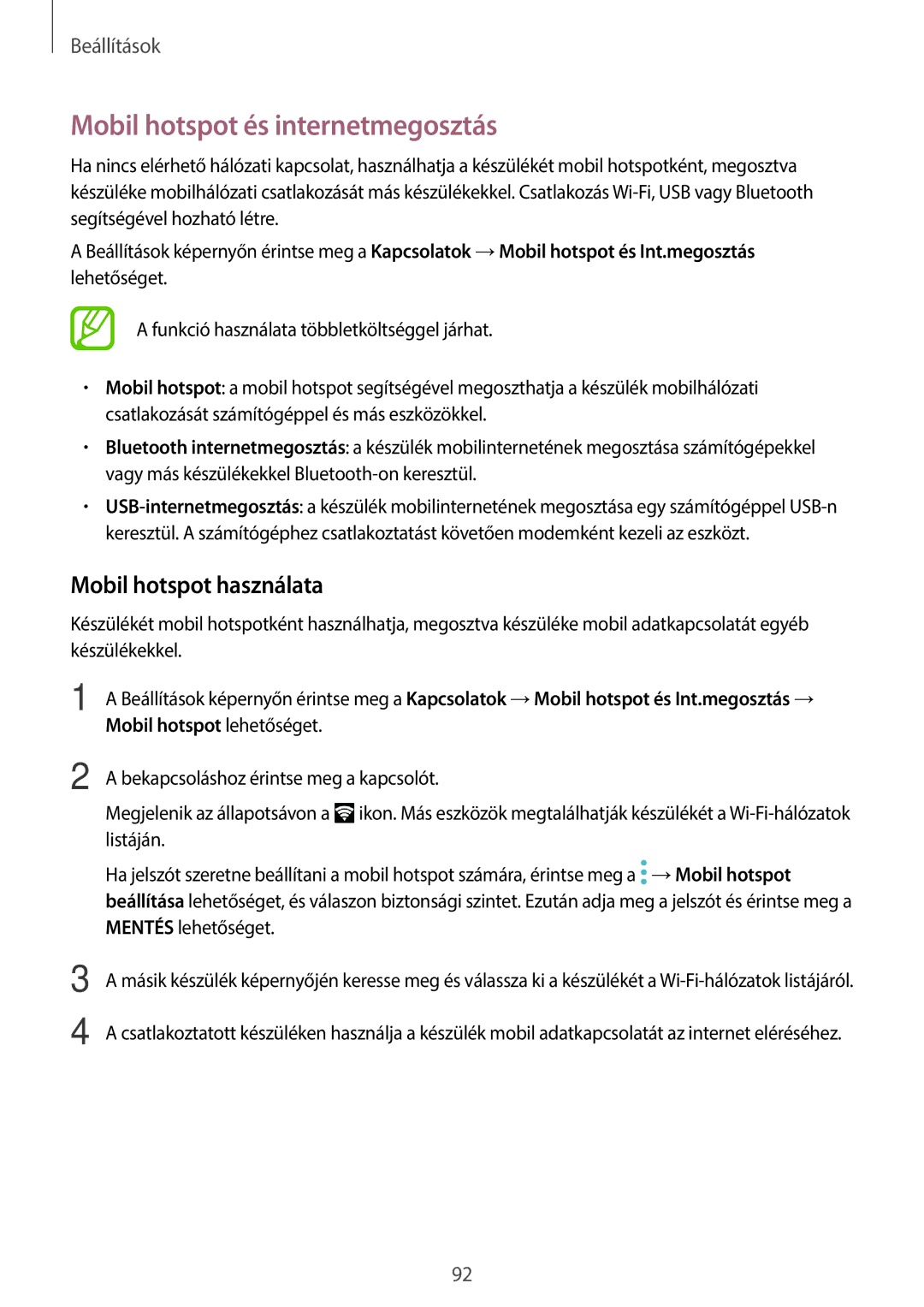 Samsung SM-T555NZKAXEH manual Mobil hotspot és internetmegosztás, Mobil hotspot használata 