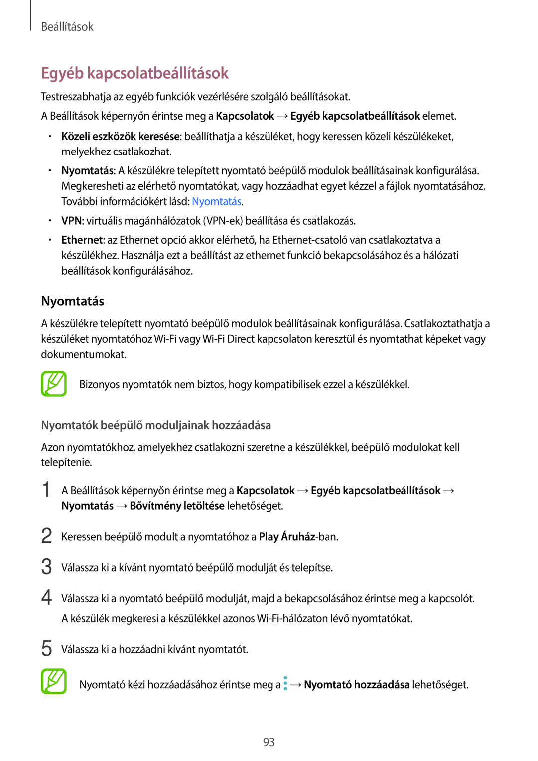 Samsung SM-T555NZKAXEH manual Egyéb kapcsolatbeállítások, Nyomtatás 