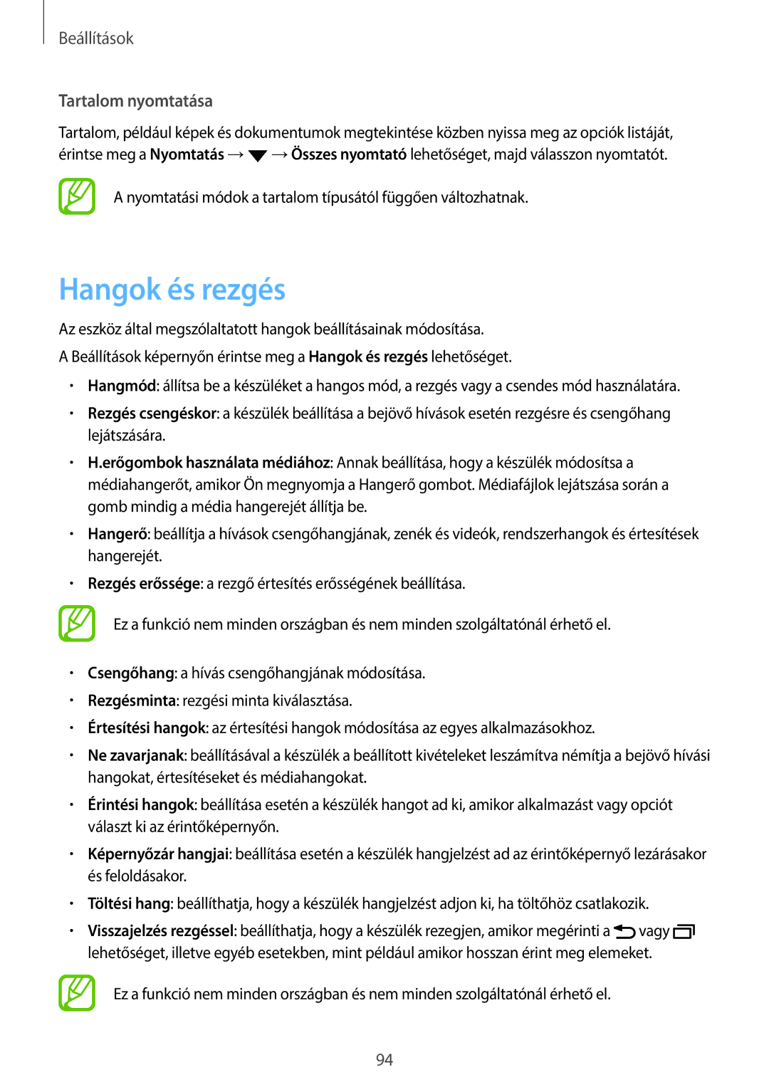 Samsung SM-T555NZKAXEH manual Hangok és rezgés, Tartalom nyomtatása 